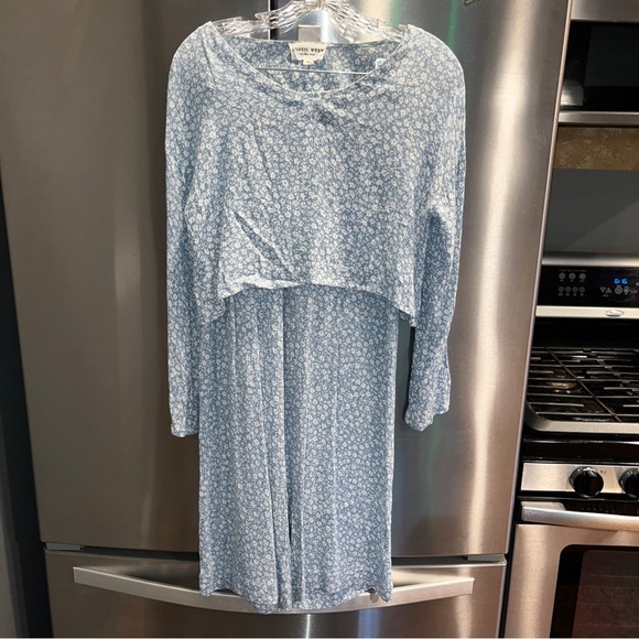 Bobbie Wren BLUE Floral TOP/PANTS SET rayon Vneck cropped minimal prairie set S - Picture 14 of 16